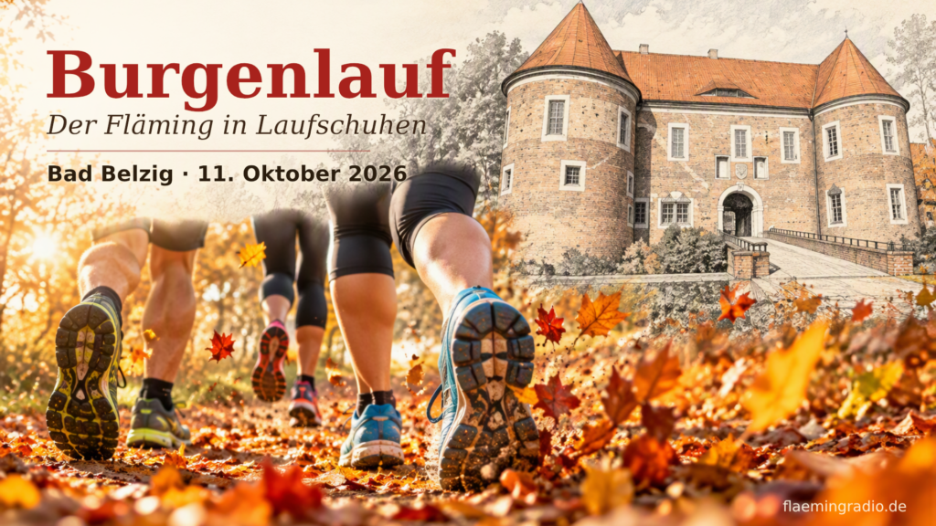 Läufer im Herbstlaub vor der Burg Eisenhardt, Burgenlauf Bad Belzig 2026